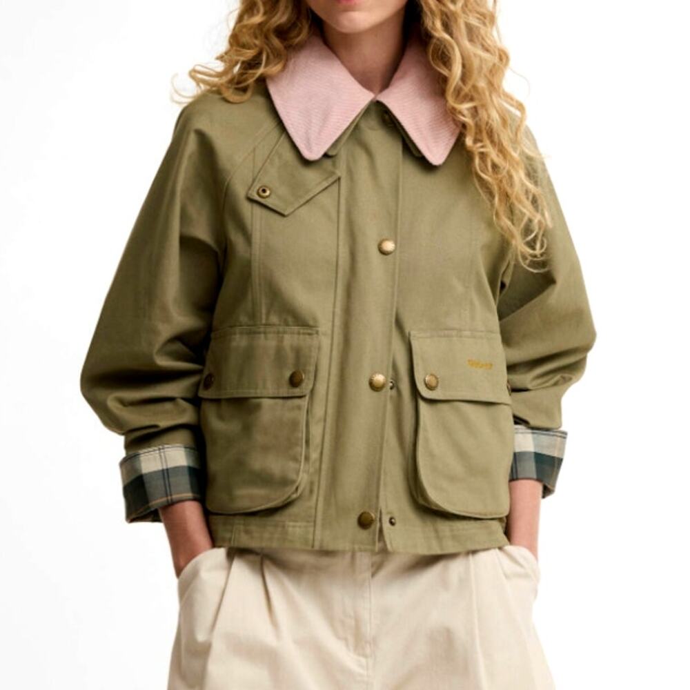 Barbour Bleached Olive Ancient Gardenia Cropped Beadnell Casual Jacket Size 10